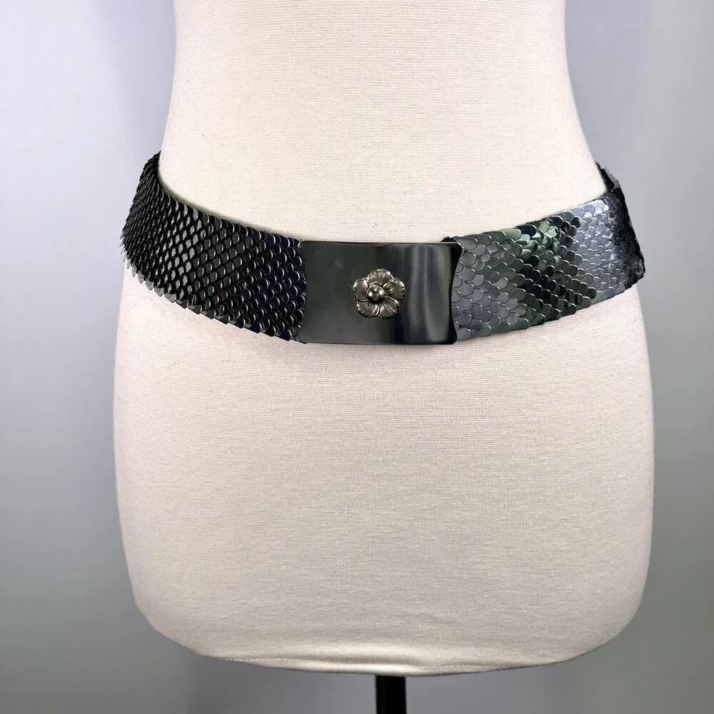 Vtg 70s Silver Metal Fish Scale Belt Stretch Western Boho Hippie Disco 28-38” - Picture 5 of 8